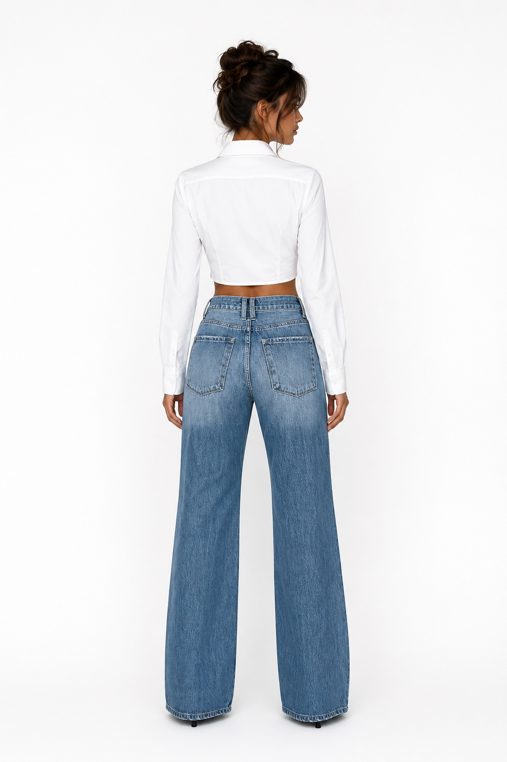 Women's Blue Distressed Flared Denim Jeans with Rips
