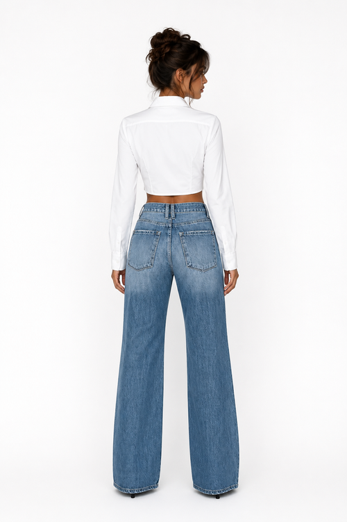 Women's Blue Distressed Flared Denim Jeans with Rips